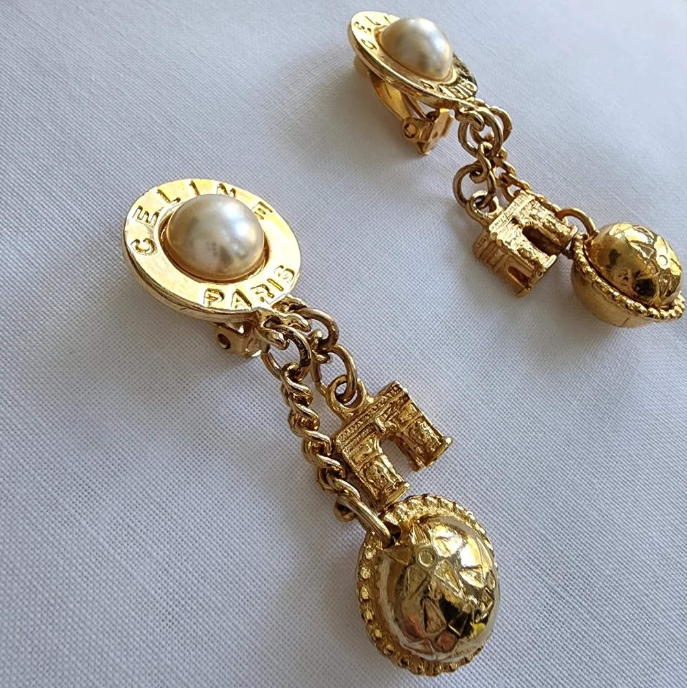 CELINE PARIS Gold Tone Pearl Arc de Triomphe Golden Ball Clip Earrings - Picture 5 of 8